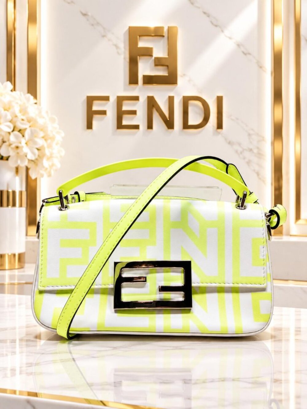 Authentic Fendi Baguette FF Logo Neon Yellow White Crossbody Shoulder Bag